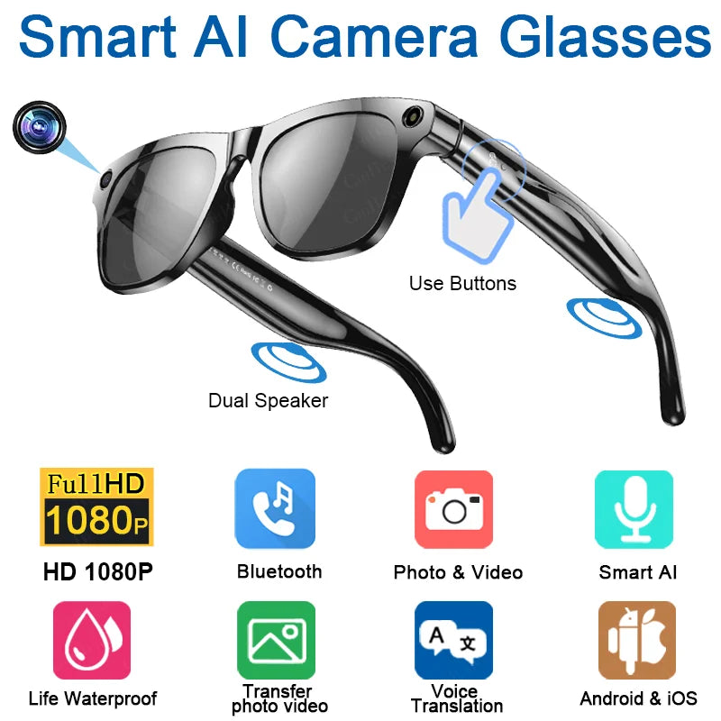 2025 AI Smart Glasses 100MP 4K Hidden Camera + Voice AI Assistant + Bluetooth Calls