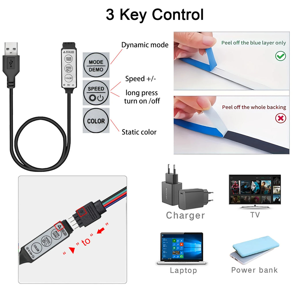 Led Lights for TV 3 Key Control Led Strip USB 5V Tape Lights for TV Backlight Home Party Decoration Flexible Ribbon
