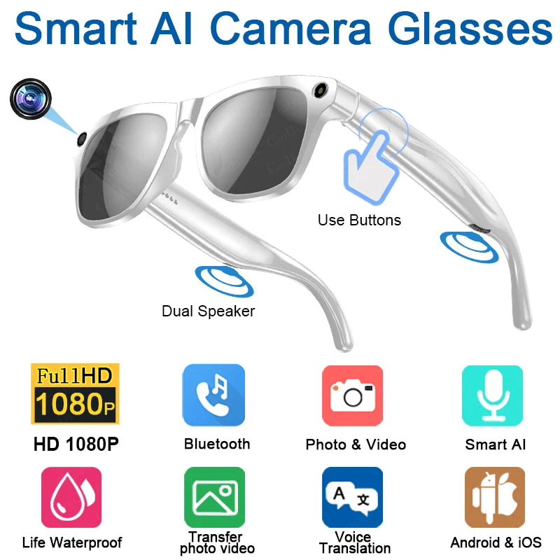 2025 AI Smart Glasses 100MP 4K Hidden Camera + Voice AI Assistant + Bluetooth Calls